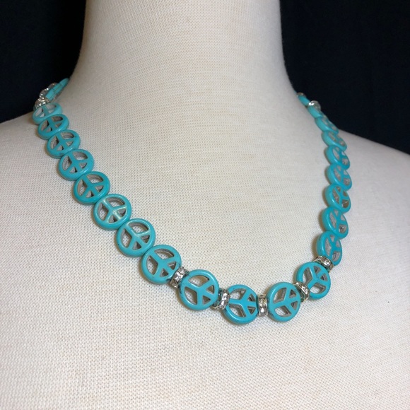 Peace Sign Symbol Turquoise Stone Rhinestones Wrap Around Bracelet or Necklace - Picture 3 of 4